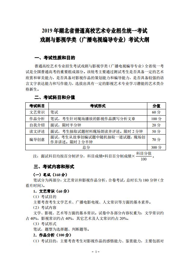 2019 年湖北省艺术专业招生统一考试戏剧与影视学类（广播电视编导专业）考试大纲1.jpg